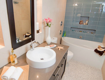 Concrete, terrazzo, and linoleum are all eco-friendly options for bathroom floor designs.  Source: Houzz